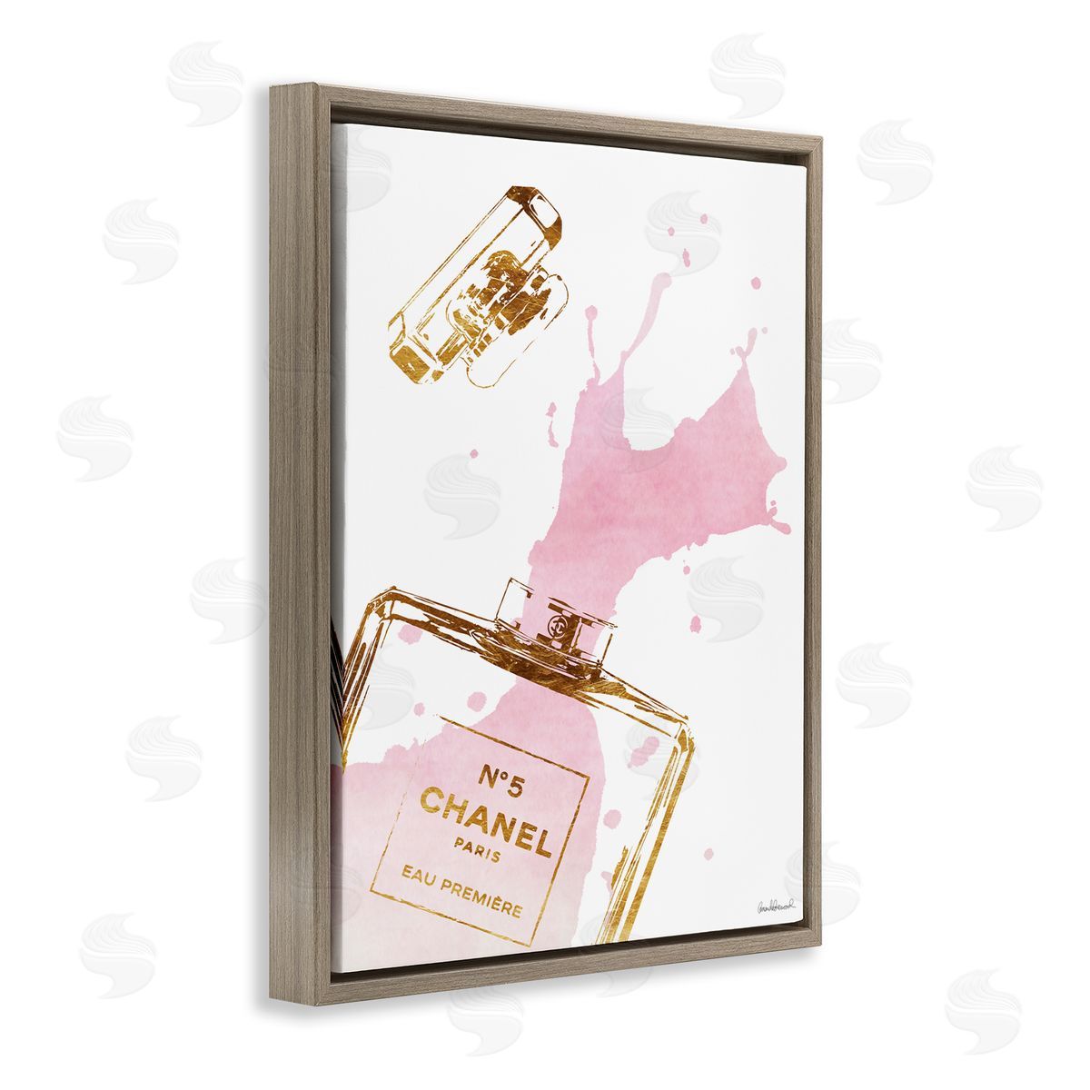 Glam Perfume Bottle Splash Pink Gold Brown Floating Frame Canvas Wall Art, Home Decor by Amanda Greenwood