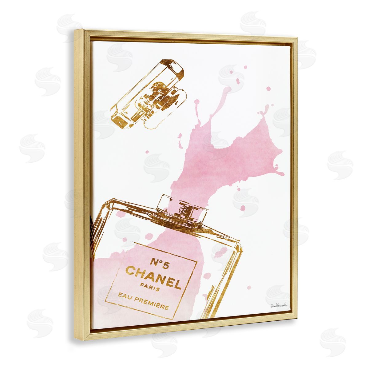 Glam Perfume Bottle Splash Pink Gold Gold Floating Frame Canvas Wall Art, Home Decor by Amanda Greenwood