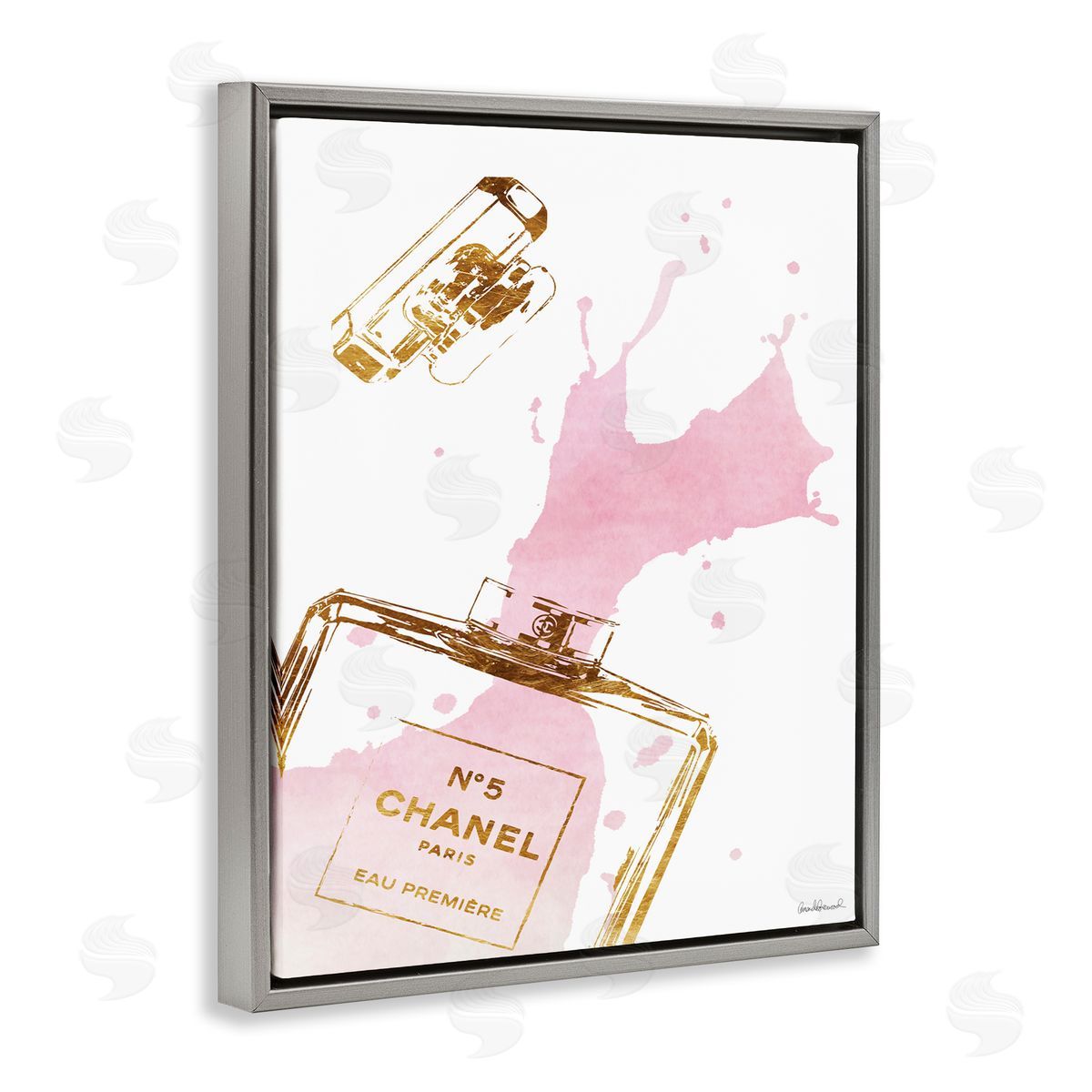 Glam Perfume Bottle Splash Pink Gold Grey Floating Frame Canvas Wall Art, Home Decor by Amanda Greenwood