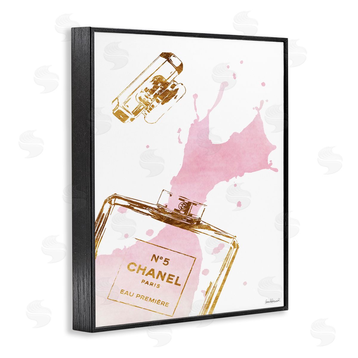 Glam Perfume Bottle Splash Pink Gold Black Frame Print Wall Art, Home Decor by Amanda Greenwood