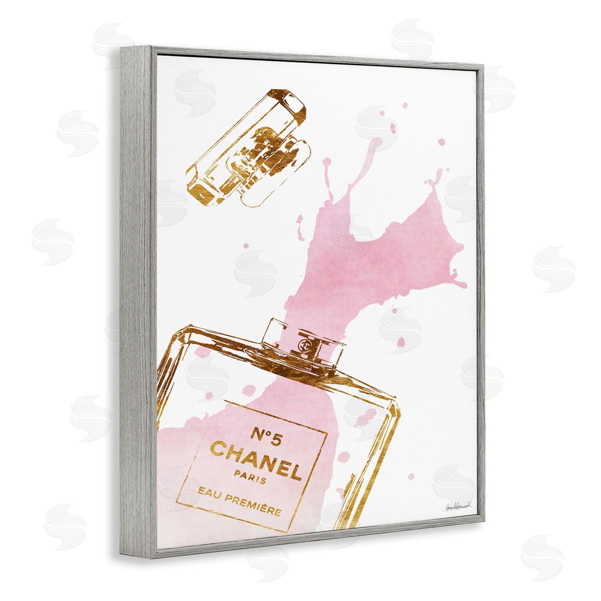 Glam Perfume Bottle Splash Pink Gold Grey Frame Print Wall Art, Home Decor by Amanda Greenwood