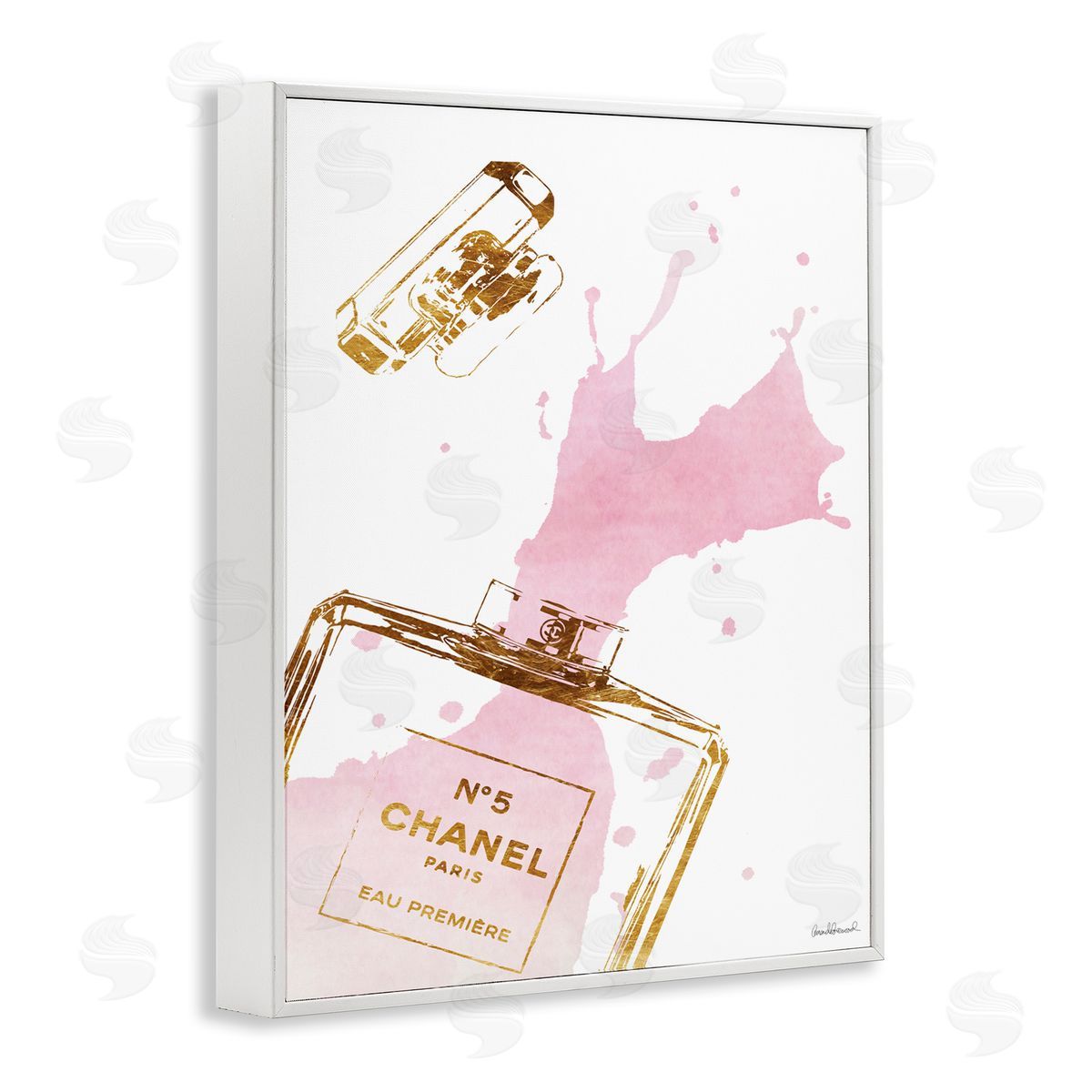 Glam Perfume Bottle Splash Pink Gold White Frame Print Wall Art, Home Decor by Amanda Greenwood