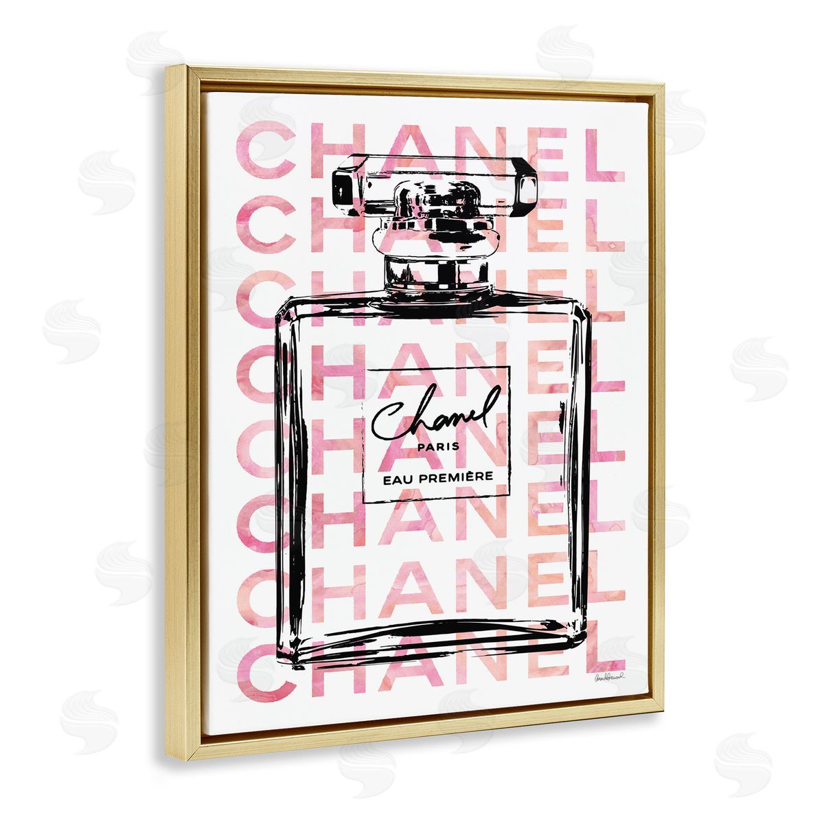 Glam Perfume Bottle Brand Text Gold Floating Frame Canvas Wall Art, Home Decor by Amanda Greenwood