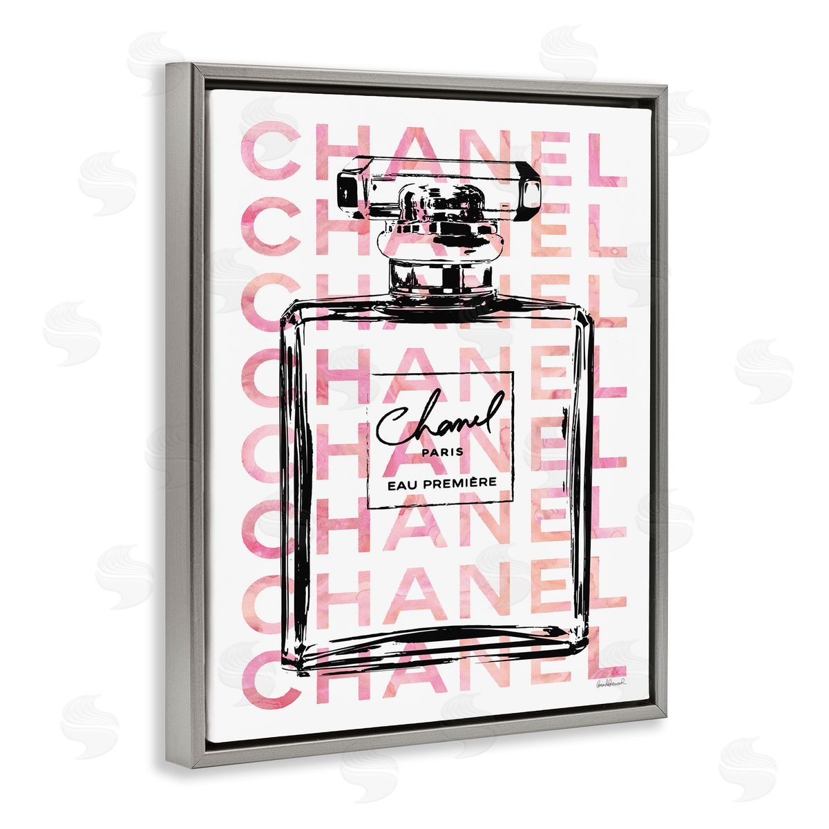 Glam Perfume Bottle Brand Text Grey Floating Frame Canvas Wall Art, Home Decor by Amanda Greenwood