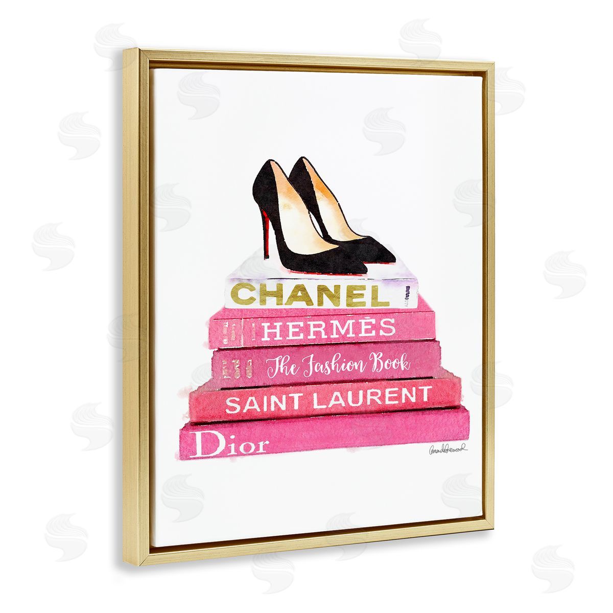Glam Pink Fashion Books Pump Heels Gold Floating Frame Canvas Wall Art, Home Decor by Amanda Greenwood