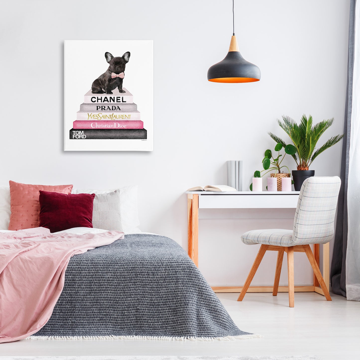 Book Stack Fashion French Bulldog Canvas Wall Art in Room, Home Decor by Amanda Greenwood