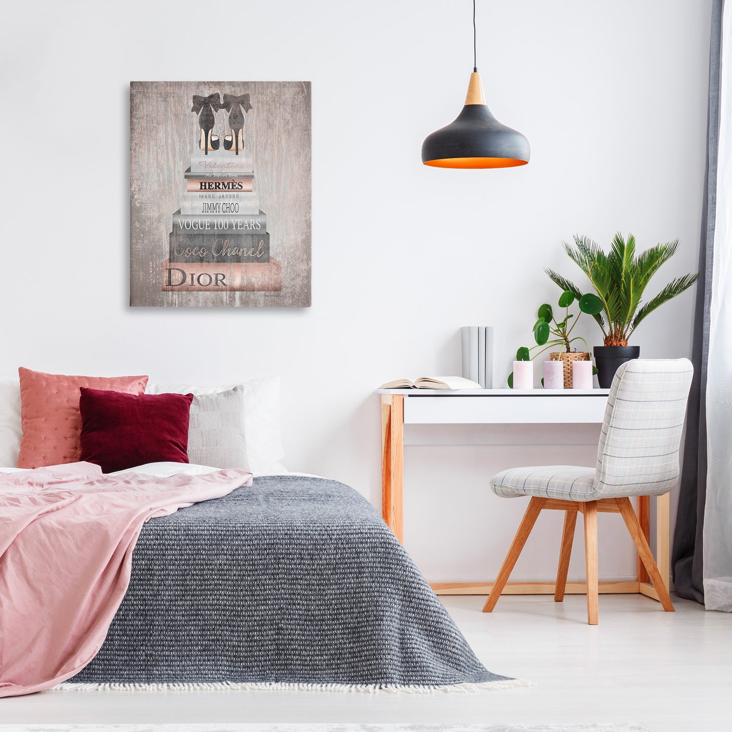 Book Stack Heels Metallic Pink Canvas Wall Art in Room, Home Decor by Amanda Greenwood