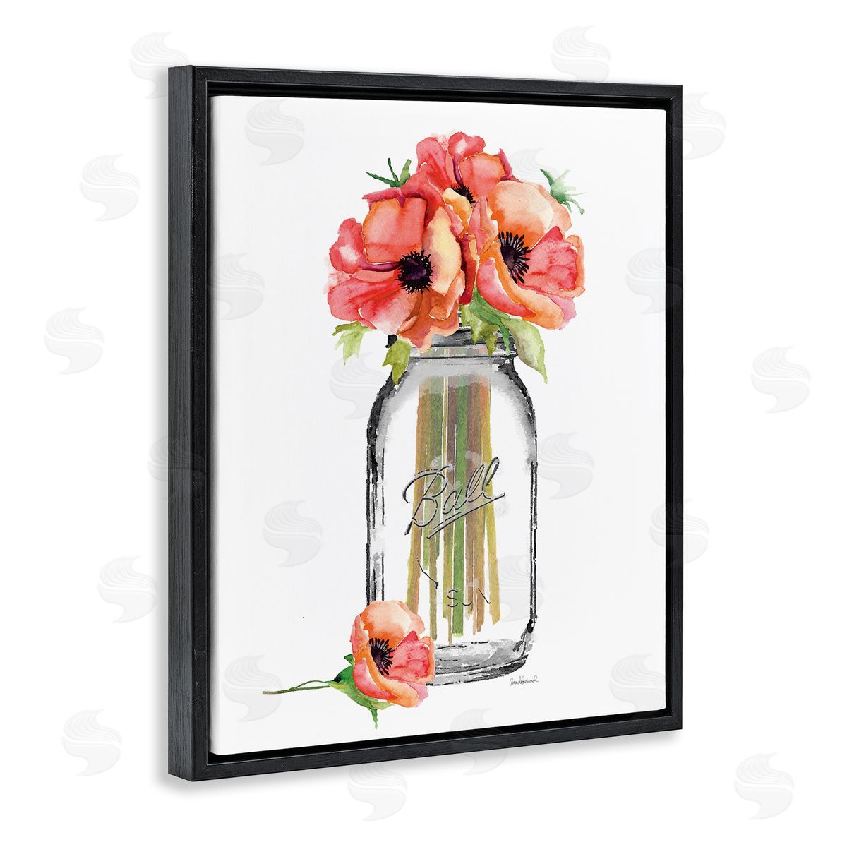 Mason Jar Poppies Black Floating Frame Canvas Wall Art, Home Decor by Amanda Greenwood