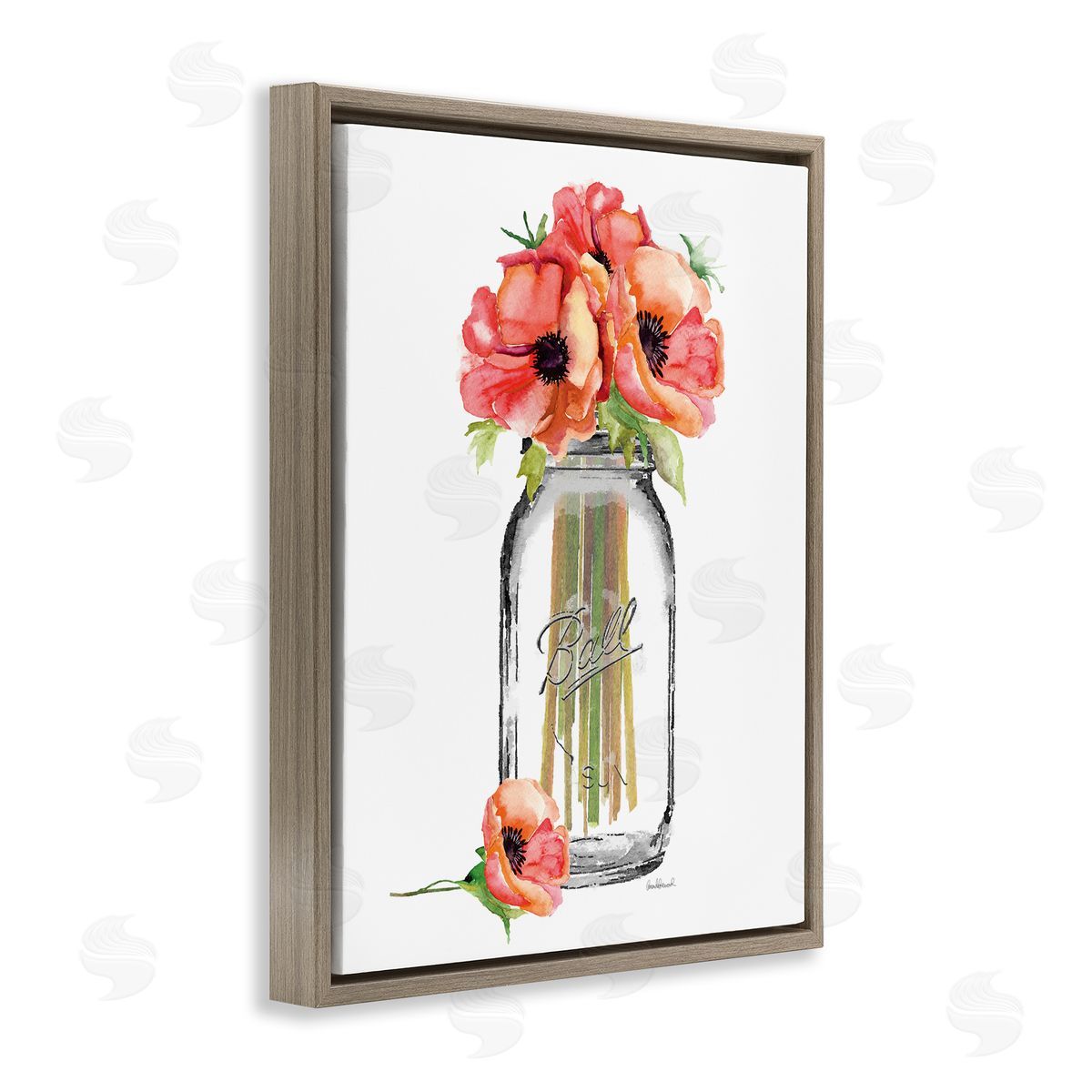 Mason Jar Poppies Brown Floating Frame Canvas Wall Art, Home Decor by Amanda Greenwood