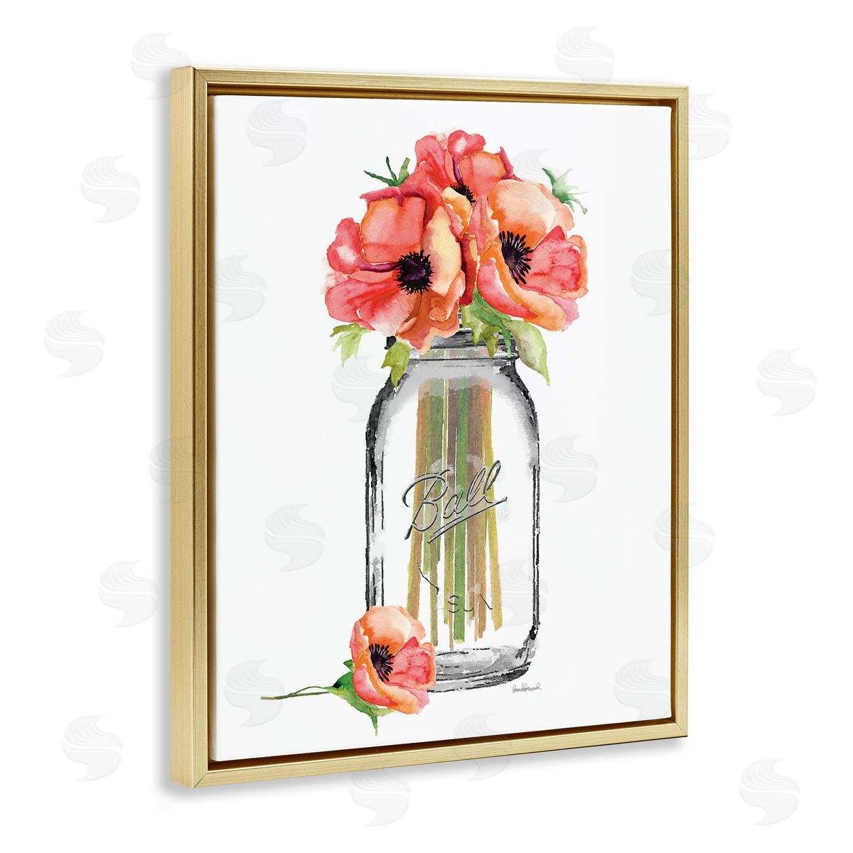Mason Jar Poppies Gold Floating Frame Canvas Wall Art, Home Decor by Amanda Greenwood