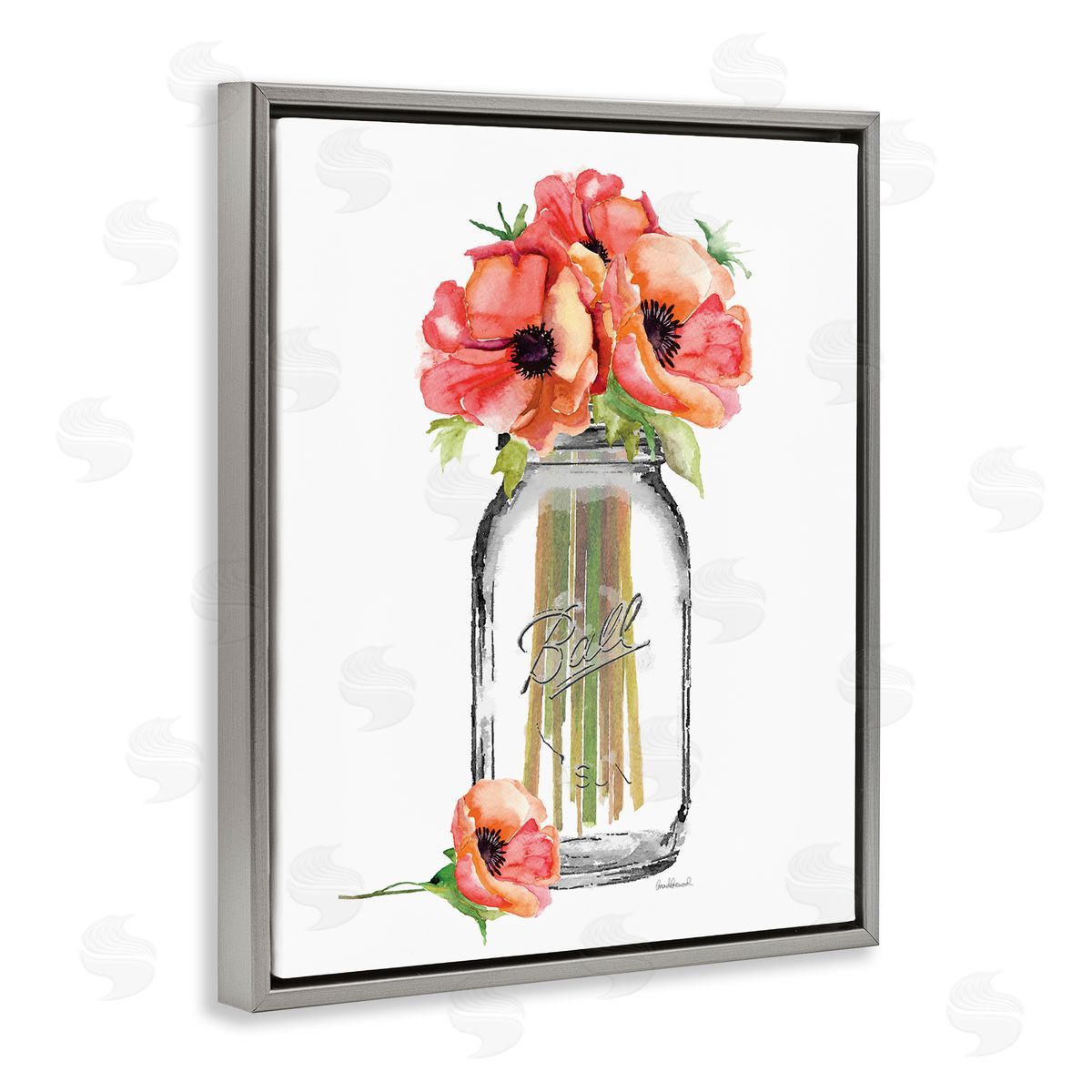 Mason Jar Poppies Grey Floating Frame Canvas Wall Art, Home Decor by Amanda Greenwood
