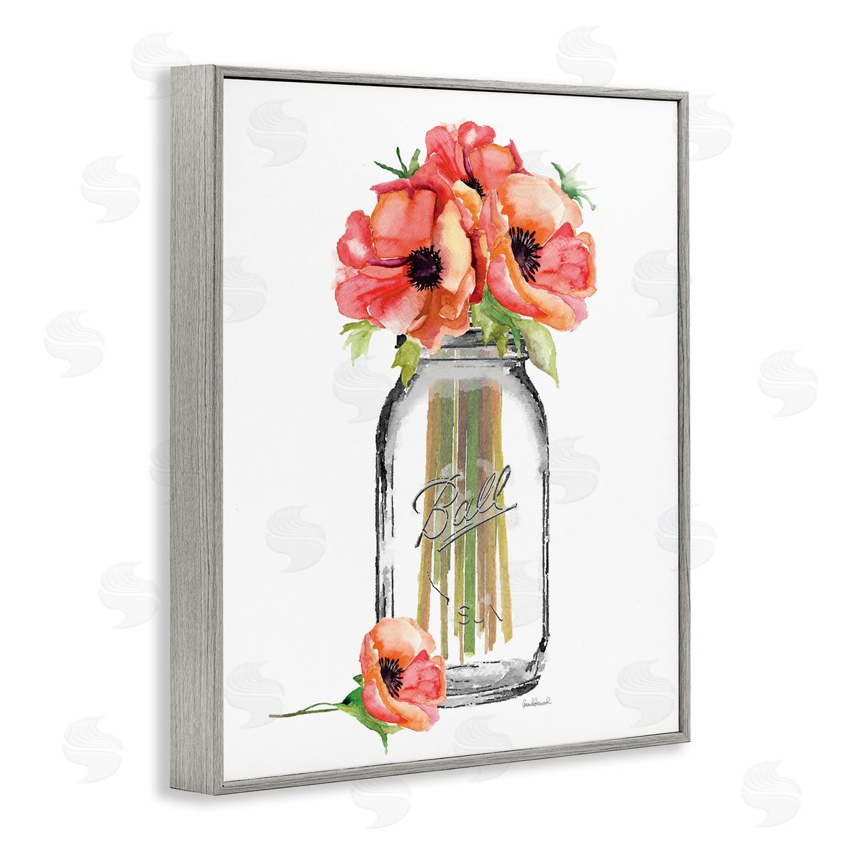 Mason Jar Poppies Grey Frame Print Wall Art, Home Decor by Amanda Greenwood