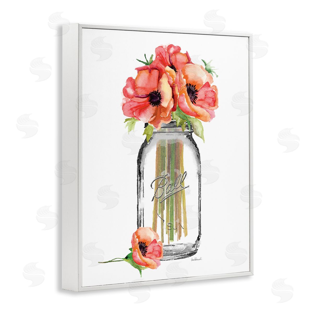 Mason Jar Poppies White Frame Print Wall Art, Home Decor by Amanda Greenwood