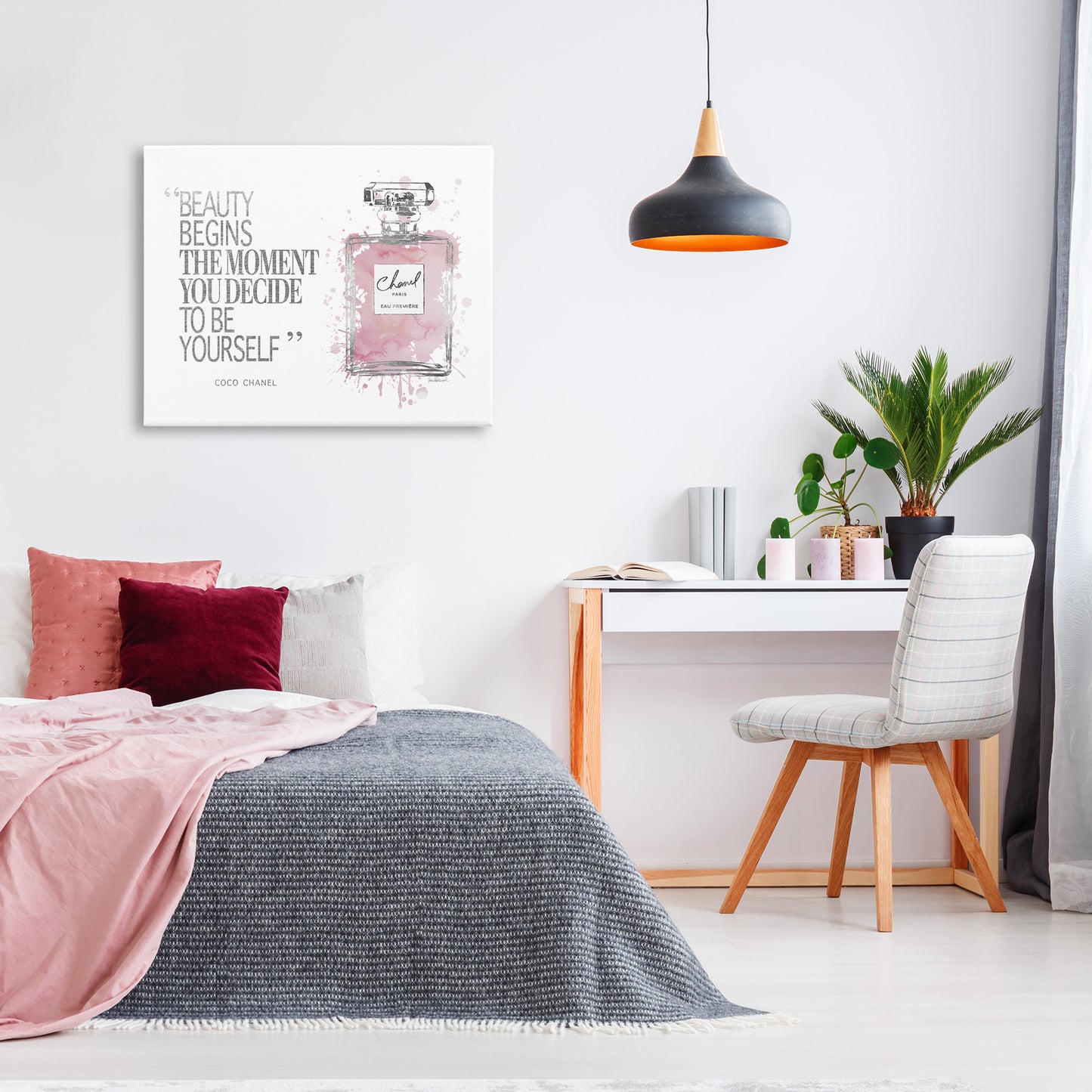Beauty Begins Fashion Perfume Canvas Wall Art in Room, Home Decor by Amanda Greenwood