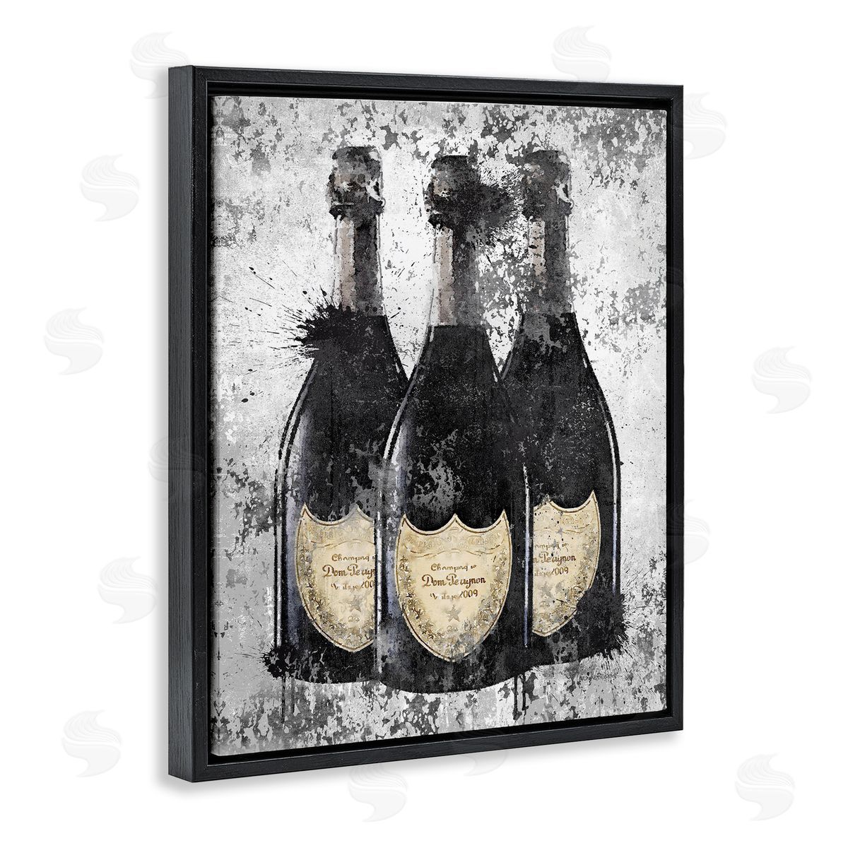 Champagne Bottles Grey & Gold Black Floating Frame Canvas Wall Art, Home Decor by Amanda Greenwood