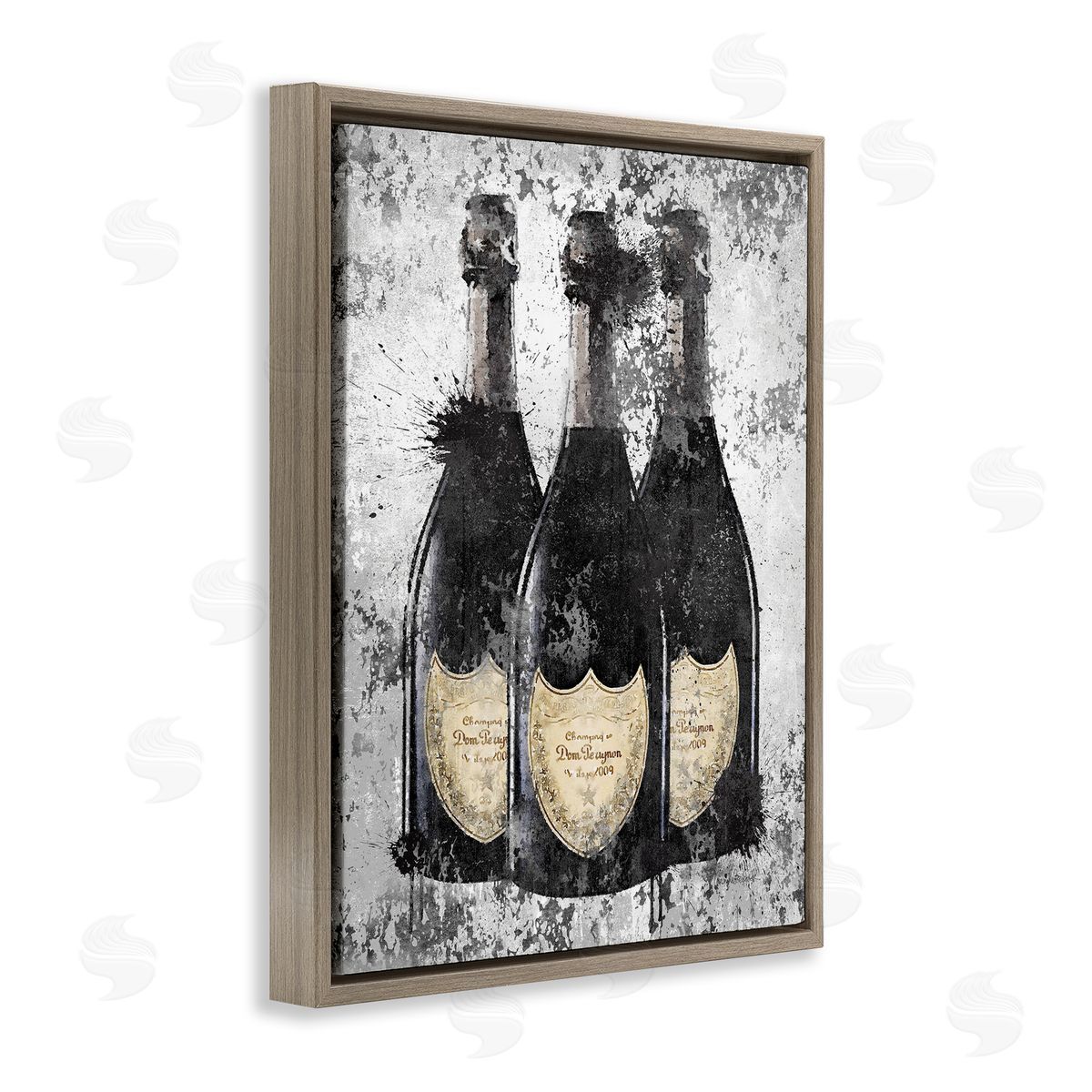 Champagne Bottles Grey & Gold Brown Floating Frame Canvas Wall Art, Home Decor by Amanda Greenwood