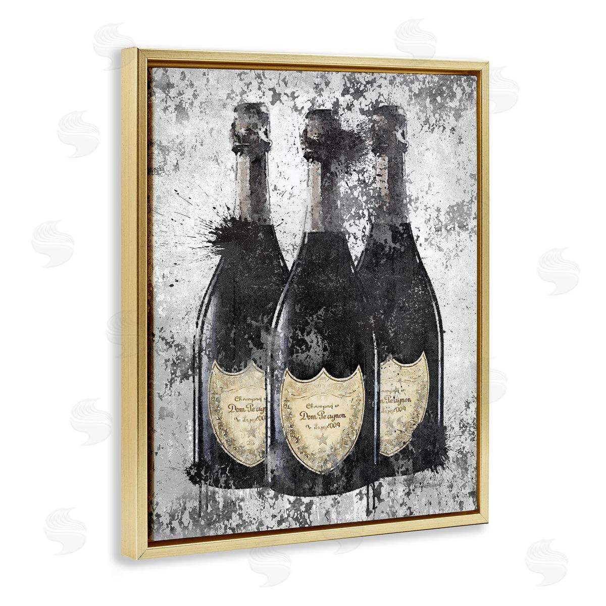 Champagne Bottles Grey & Gold Gold Floating Frame Canvas Wall Art, Home Decor by Amanda Greenwood
