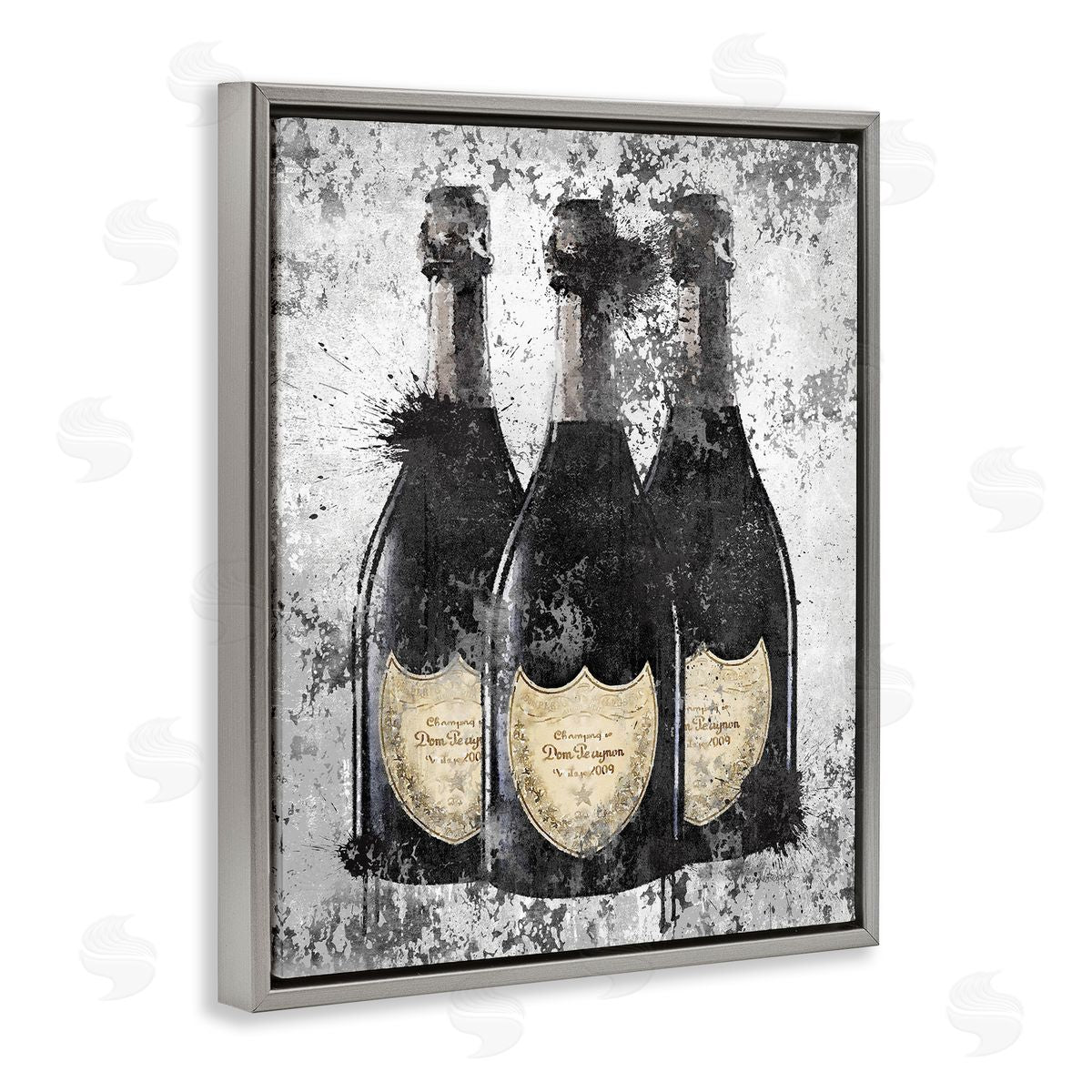 Champagne Bottles Grey & Gold Grey Floating Frame Canvas Wall Art, Home Decor by Amanda Greenwood