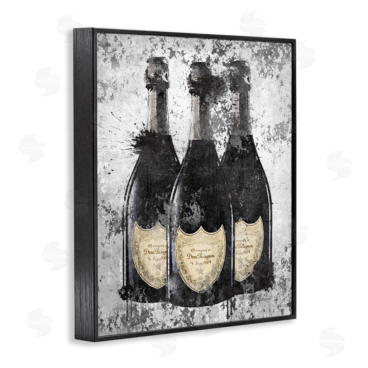 Champagne Bottles Grey & Gold Black Frame Print Wall Art, Home Decor by Amanda Greenwood