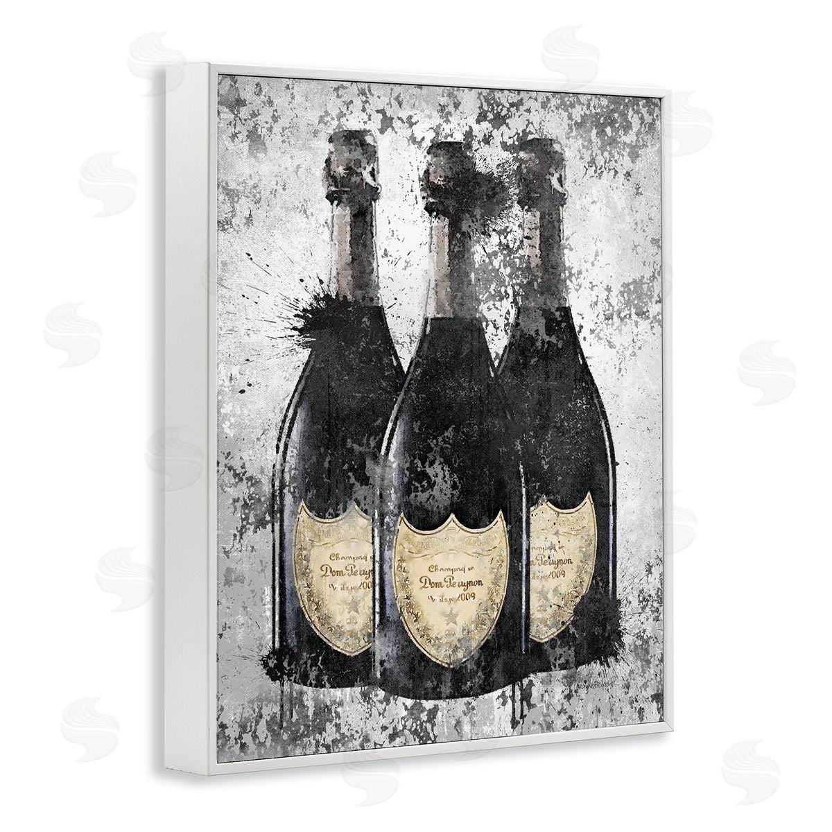 Champagne Bottles Grey & Gold White Frame Print Wall Art, Home Decor by Amanda Greenwood