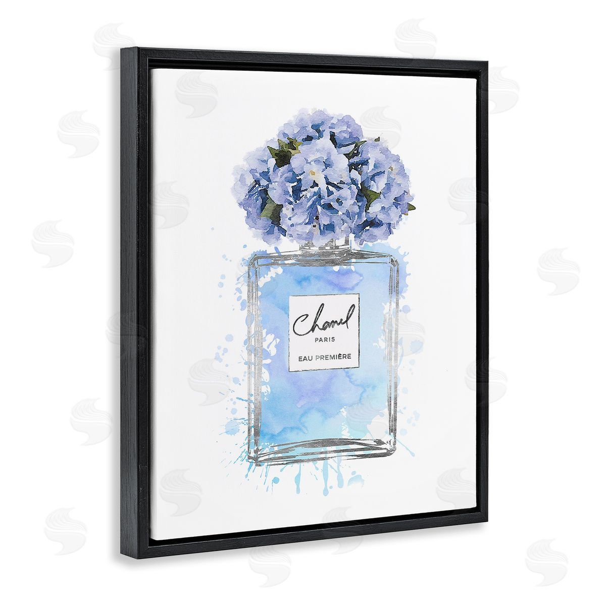 Blue Flowers Perfume Bottle Black Floating Frame Canvas Wall Art, Home Decor by Amanda Greenwood