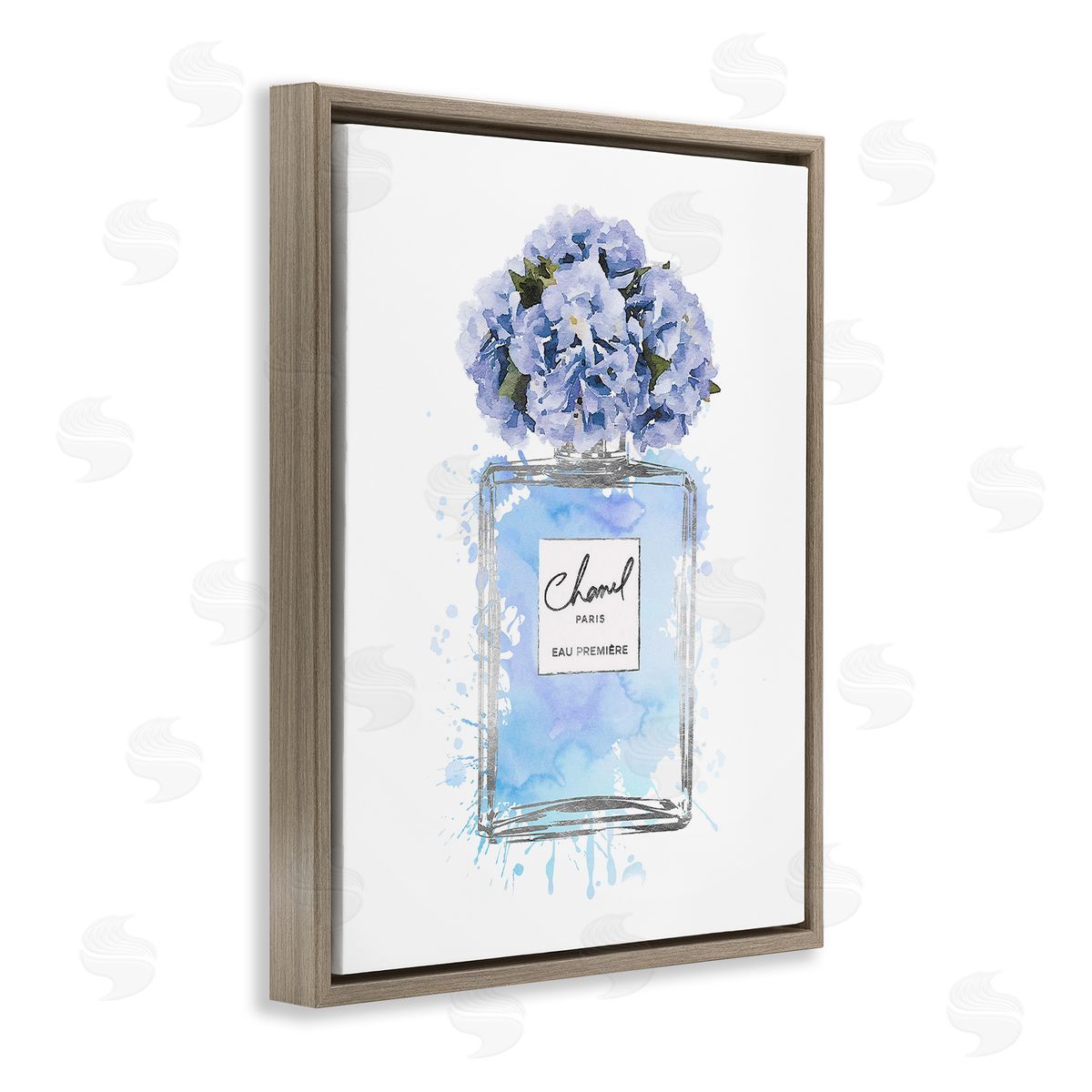 Blue Flowers Perfume Bottle Brown Floating Frame Canvas Wall Art, Home Decor by Amanda Greenwood