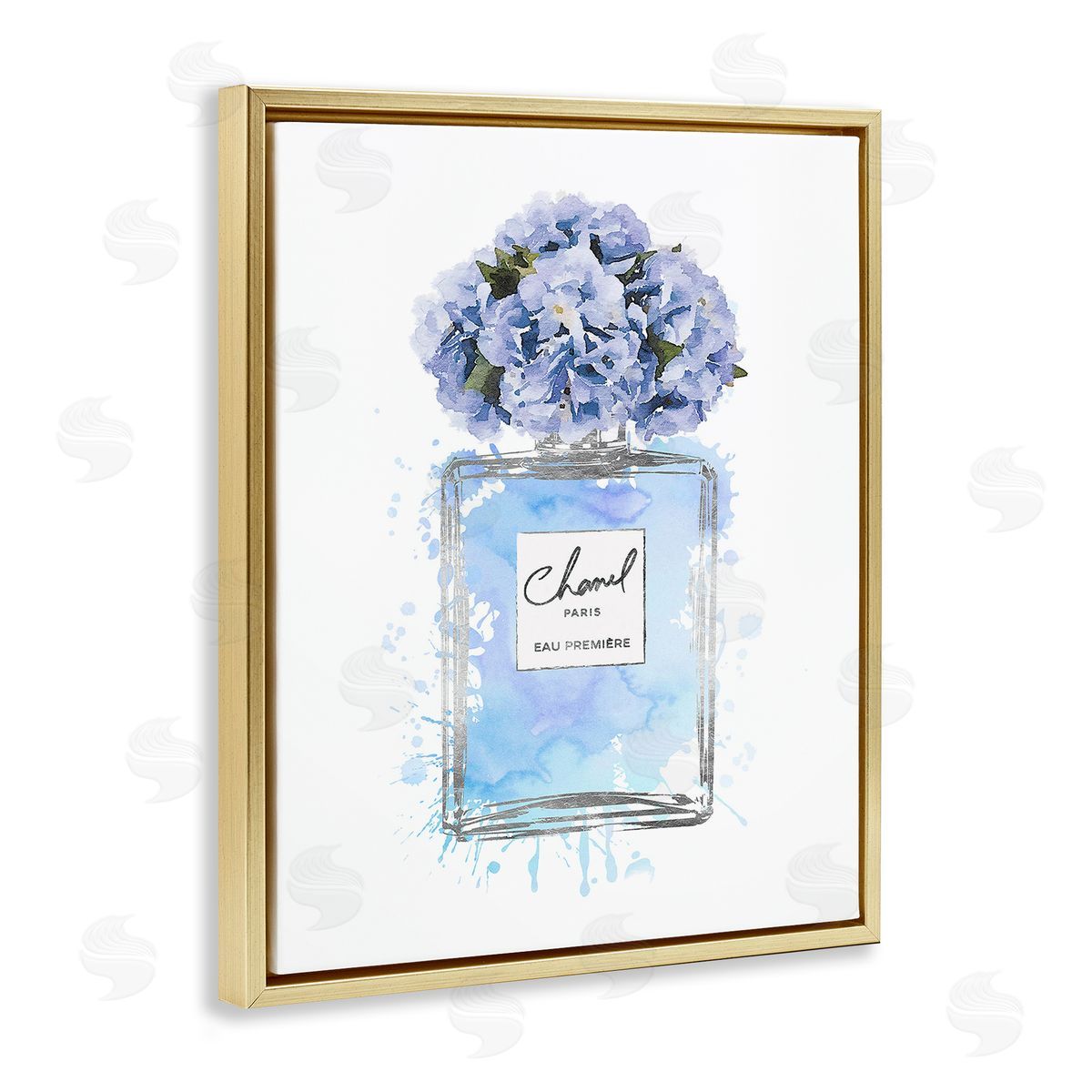 Blue Flowers Perfume Bottle Gold Floating Frame Canvas Wall Art, Home Decor by Amanda Greenwood