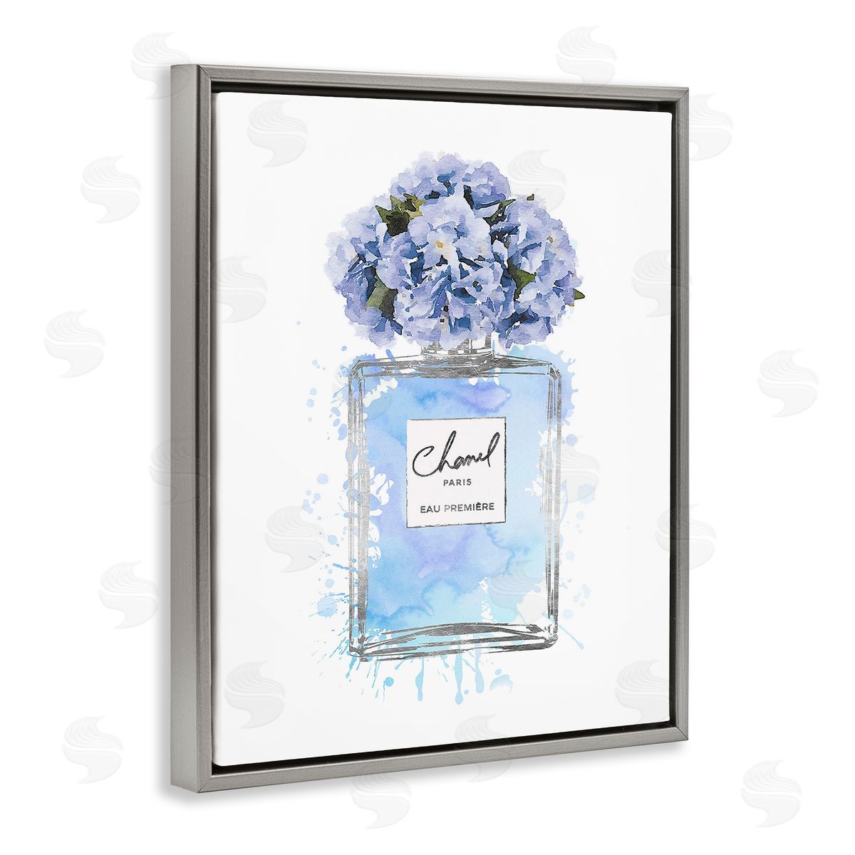 Blue Flowers Perfume Bottle Grey Floating Frame Canvas Wall Art, Home Decor by Amanda Greenwood