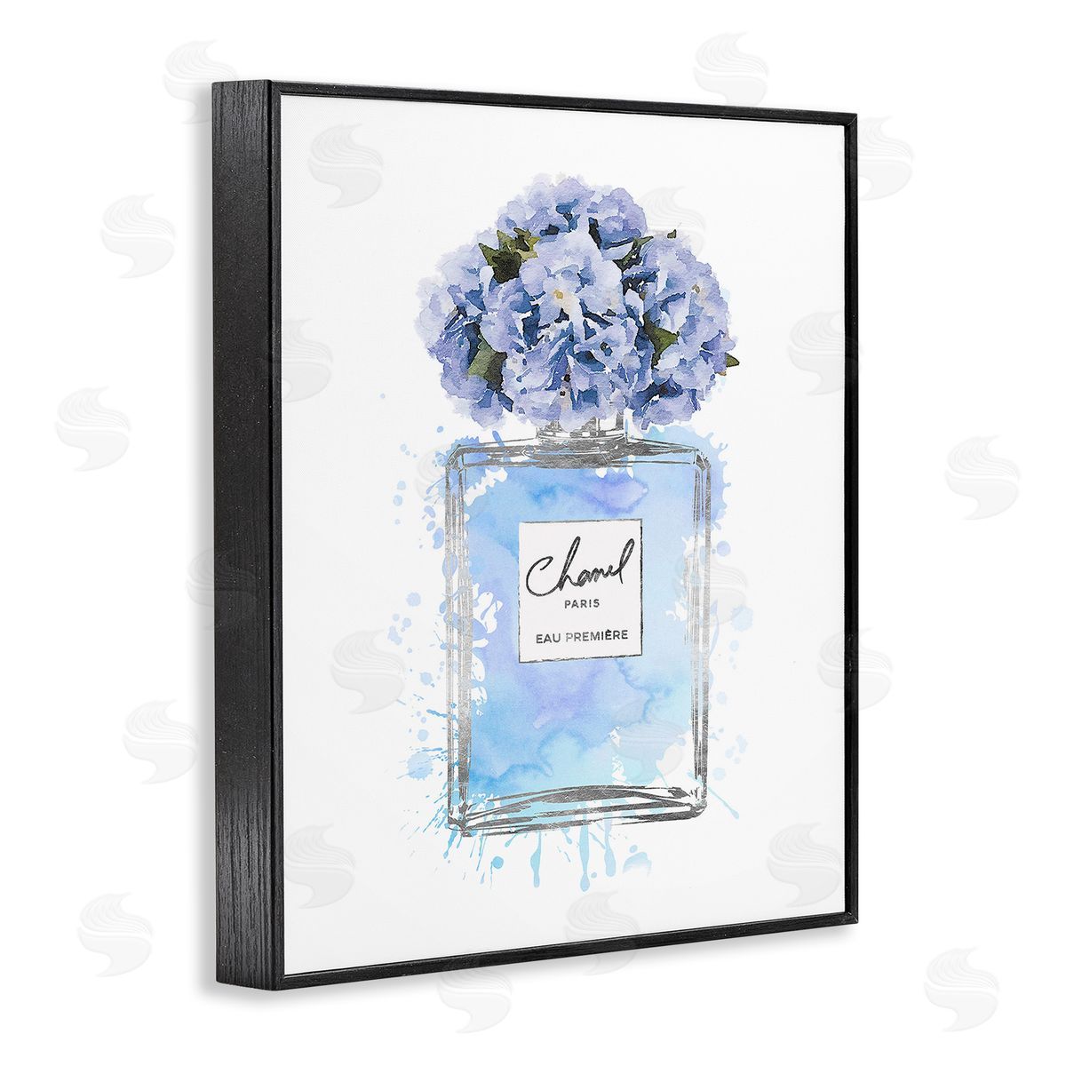 Blue Flowers Perfume Bottle Black Frame Print Wall Art, Home Decor by Amanda Greenwood