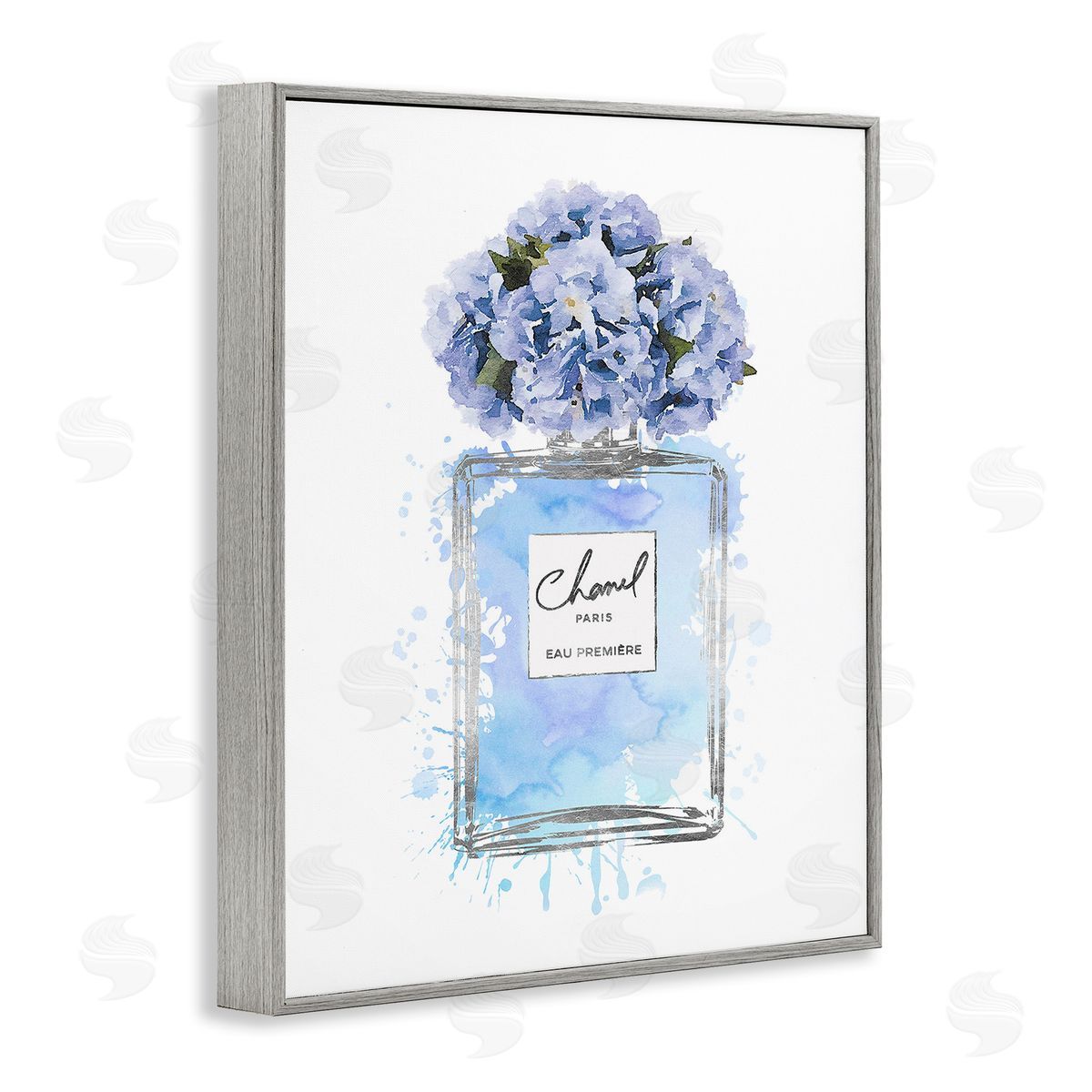 Blue Flowers Perfume Bottle Grey Frame Print Wall Art, Home Decor by Amanda Greenwood