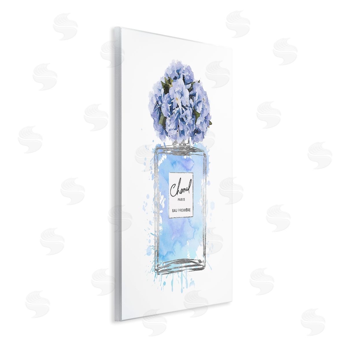 Blue Flowers Perfume Bottle Wood Plaque Wall Art, Home Decor by Amanda Greenwood
