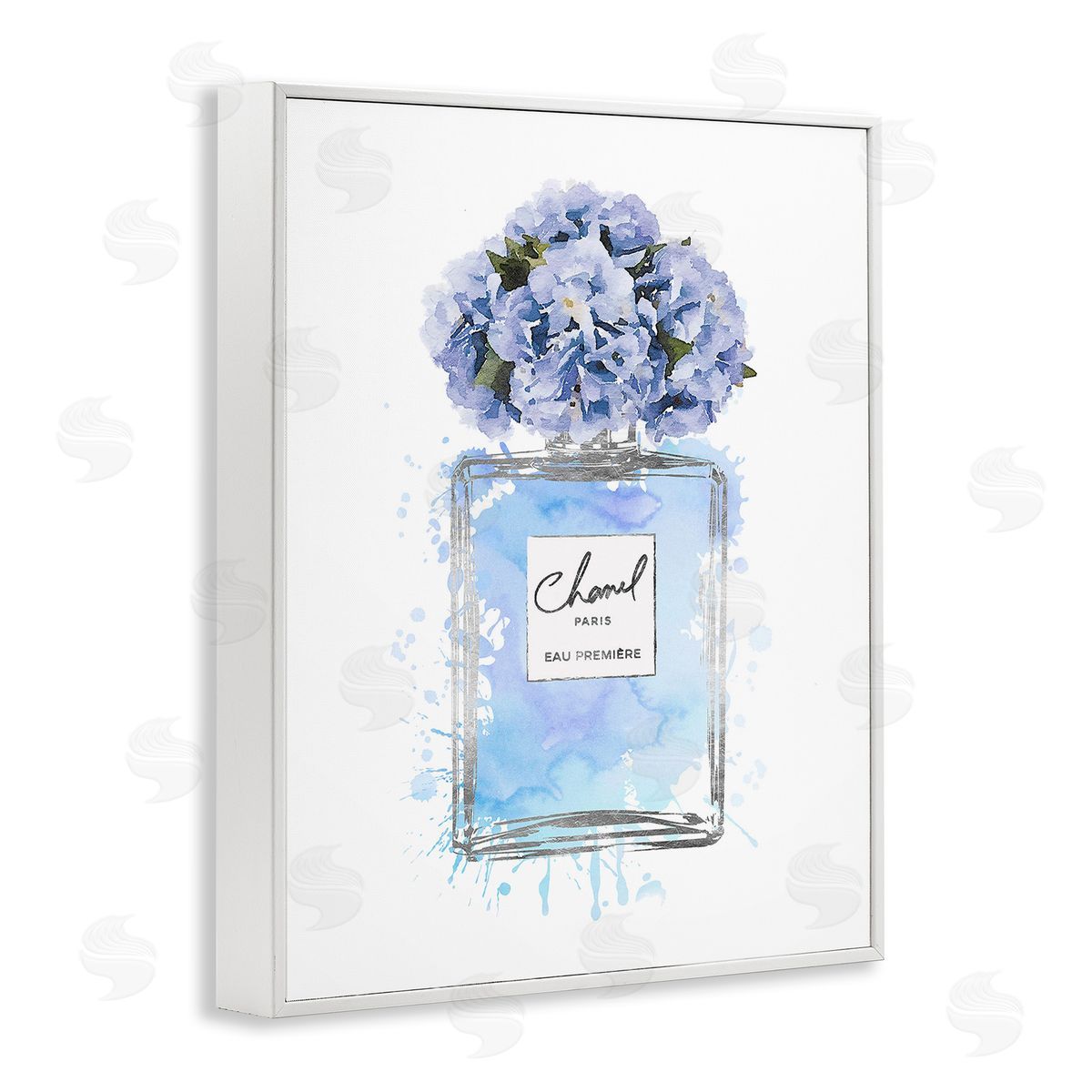 Blue Flowers Perfume Bottle White Frame Print Wall Art, Home Decor by Amanda Greenwood