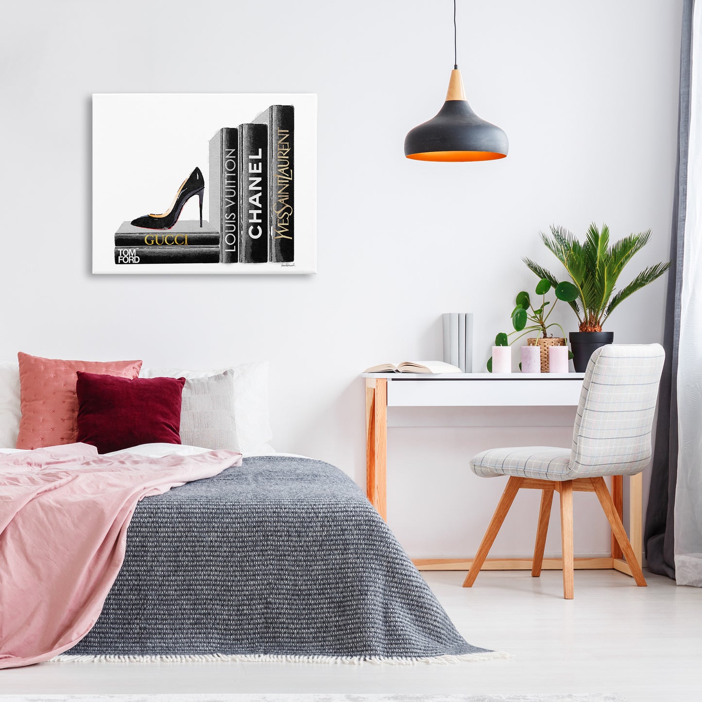 Black Book Shelf with Stilettos Canvas Wall Art in Room, Home Decor by Amanda Greenwood