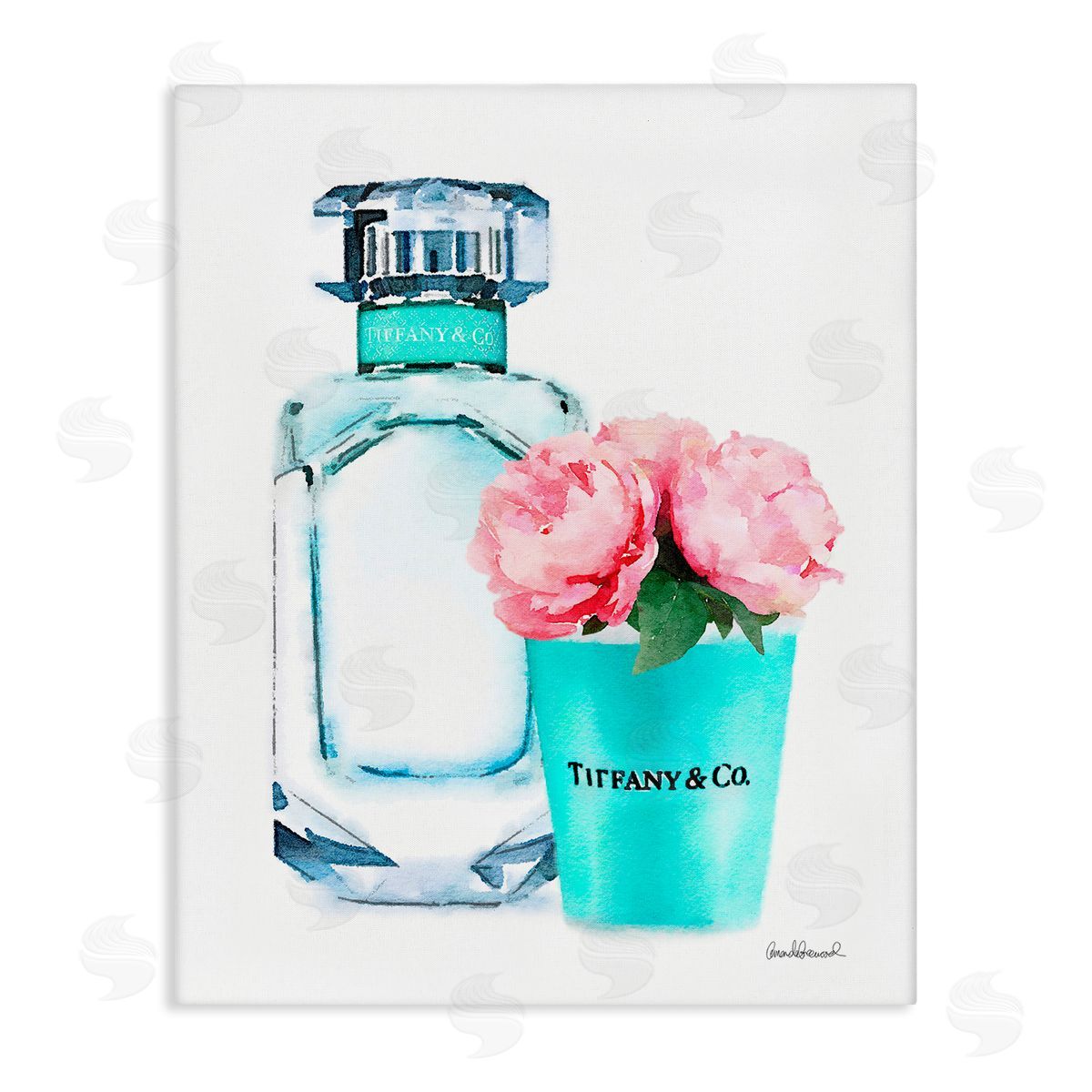 Teal Perfume Bottle and Peonies Canvas Wall Art, Home Decor by Amanda Greenwood
