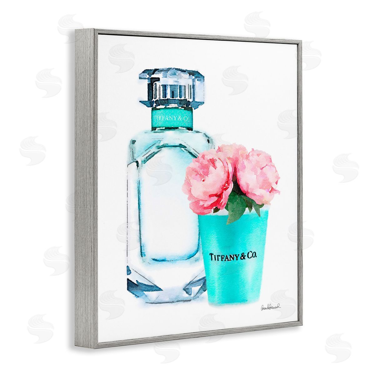 Teal Perfume Bottle and Peonies Grey Frame Print Wall Art, Home Decor by Amanda Greenwood