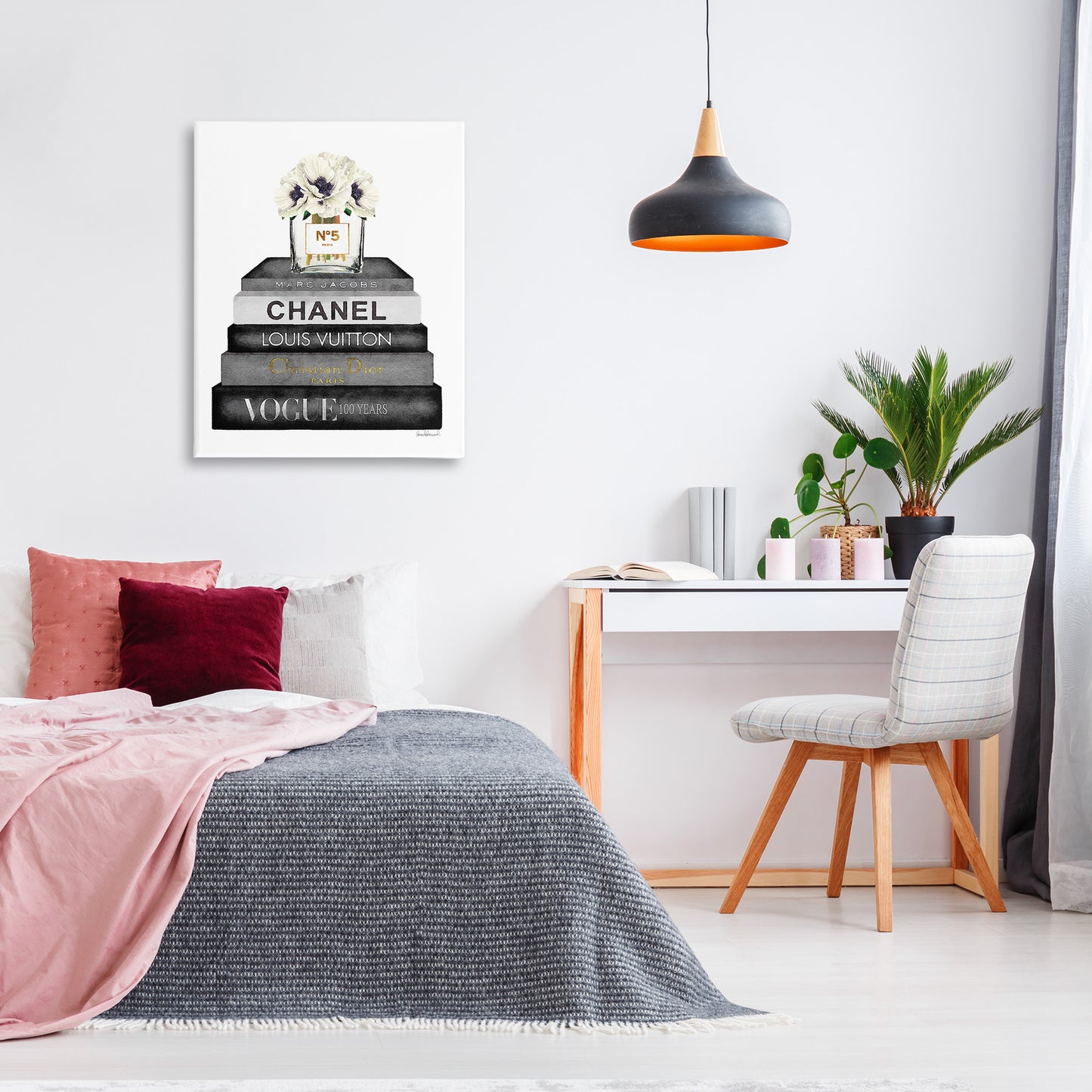 Monochrome Fashion Designer Bookstack Canvas Wall Art in Room, Home Decor by Amanda Greenwood