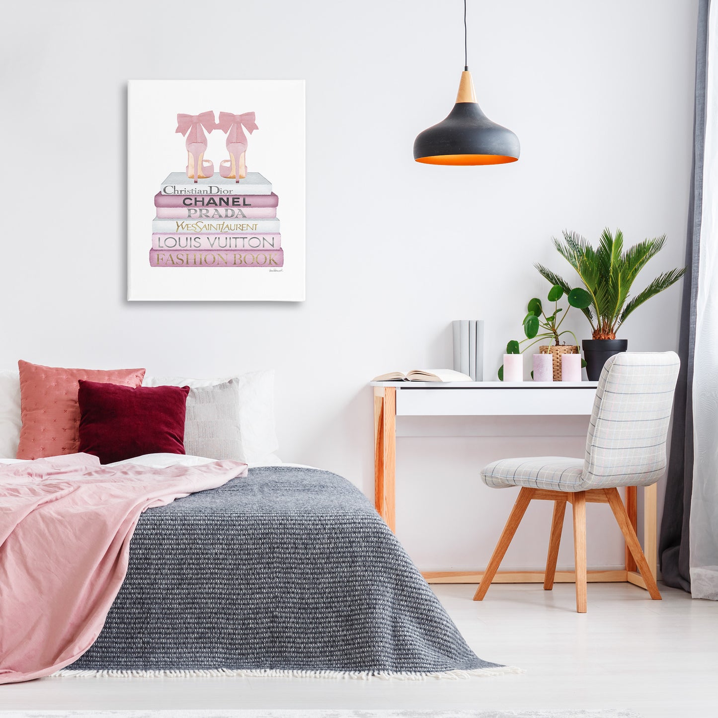 Pastel Pink Heels & Books Canvas Wall Art in Room, Home Decor by Amanda Greenwood