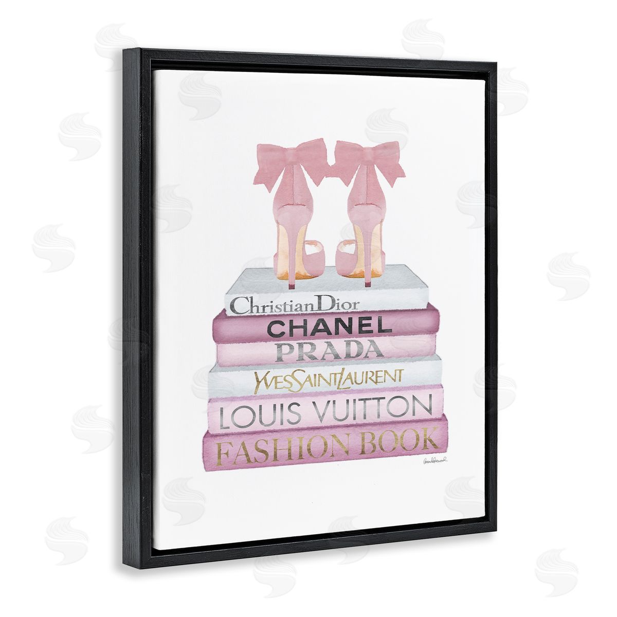 Pastel Pink Heels & Books Black Floating Frame Canvas Wall Art, Home Decor by Amanda Greenwood