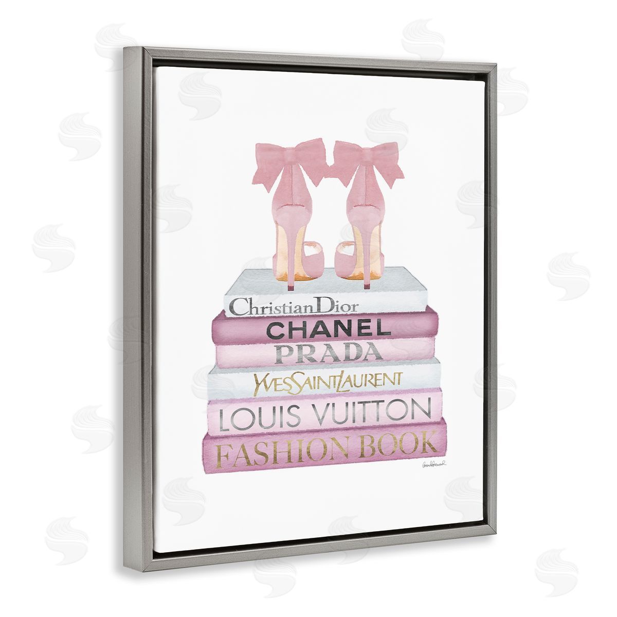 Pastel Pink Heels & Books Grey Floating Frame Canvas Wall Art, Home Decor by Amanda Greenwood