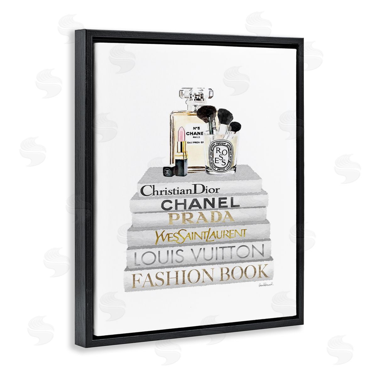Bookstack with Makeup Accessories Black Floating Frame Canvas Wall Art, Home Decor by Amanda Greenwood