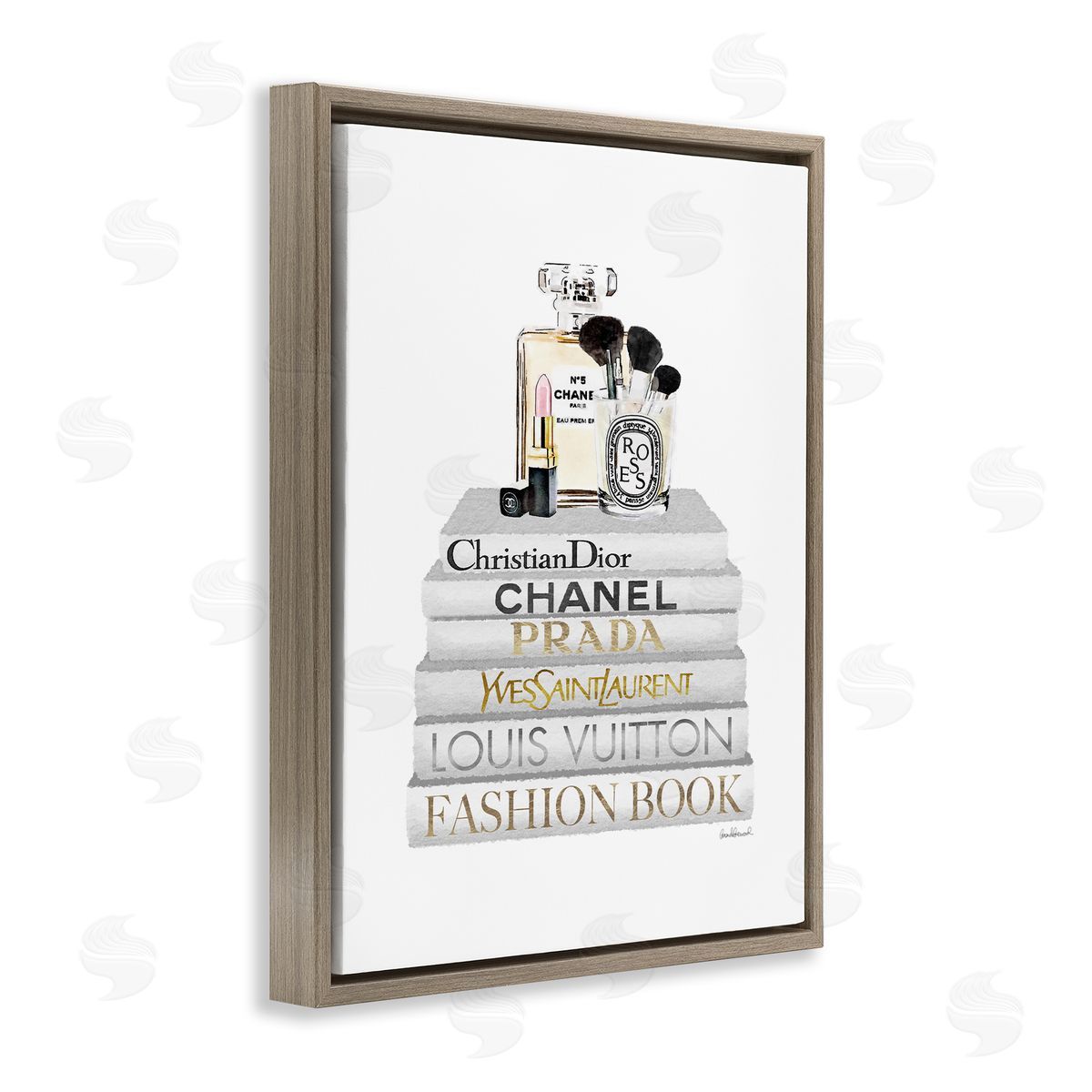 Bookstack with Makeup Accessories Brown Floating Frame Canvas Wall Art, Home Decor by Amanda Greenwood
