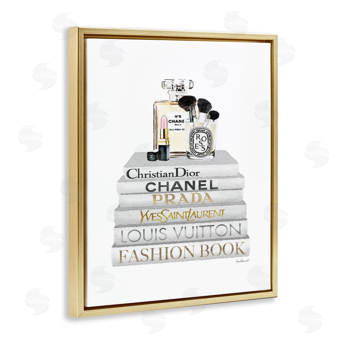 Bookstack with Makeup Accessories Gold Floating Frame Canvas Wall Art, Home Decor by Amanda Greenwood