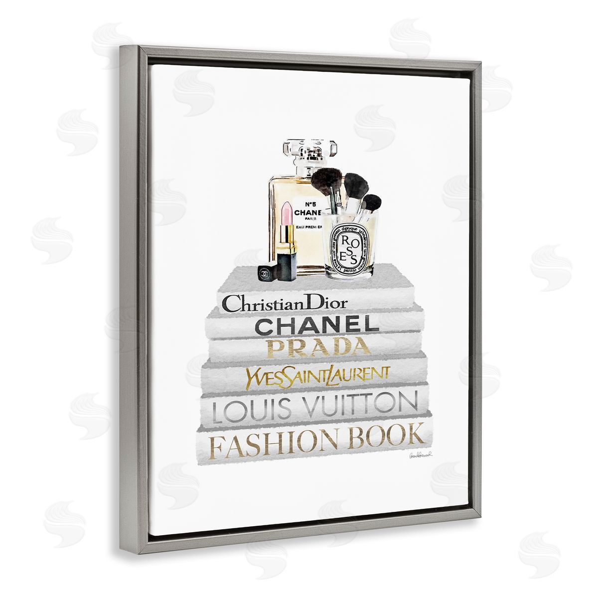 Bookstack with Makeup Accessories Grey Floating Frame Canvas Wall Art, Home Decor by Amanda Greenwood