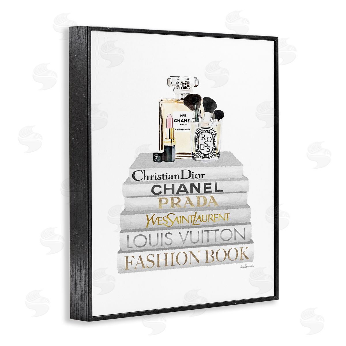 Bookstack with Makeup Accessories Black Frame Print Wall Art, Home Decor by Amanda Greenwood