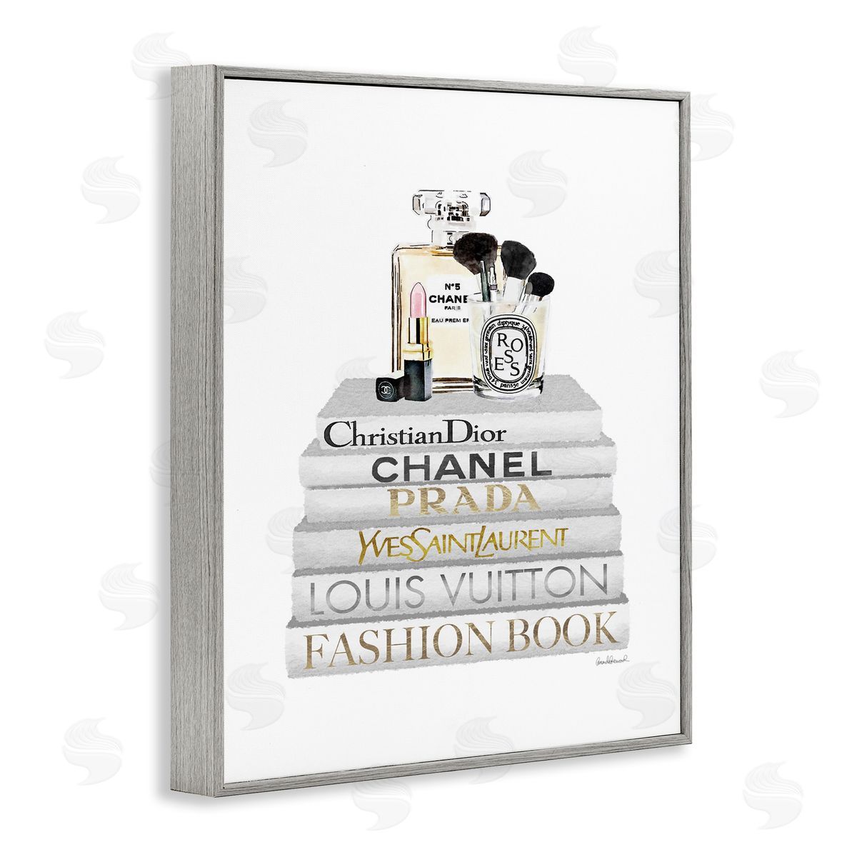 Bookstack with Makeup Accessories Grey Frame Print Wall Art, Home Decor by Amanda Greenwood
