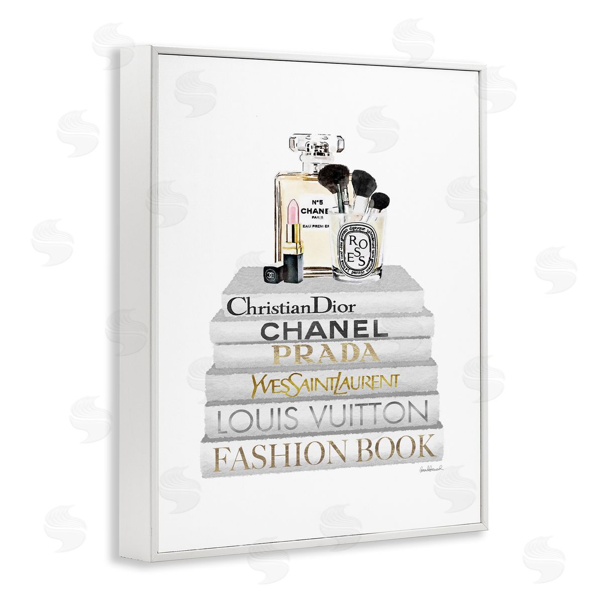 Bookstack with Makeup Accessories White Frame Print Wall Art, Home Decor by Amanda Greenwood