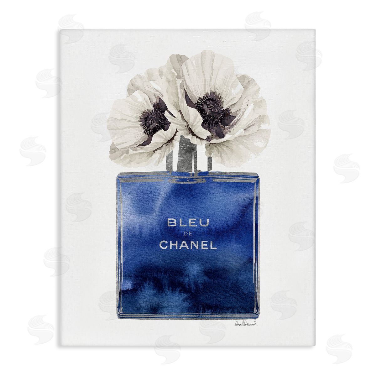 Blue Watercolor Floral Perfume Canvas Wall Art, Home Decor by Amanda Greenwood