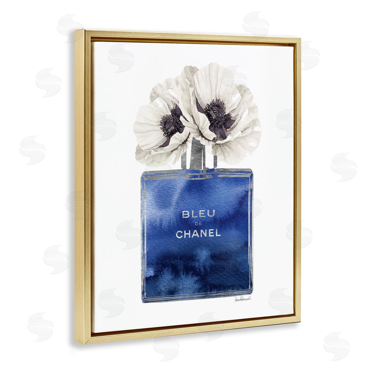 Blue Watercolor Floral Perfume Gold Floating Frame Canvas Wall Art, Home Decor by Amanda Greenwood