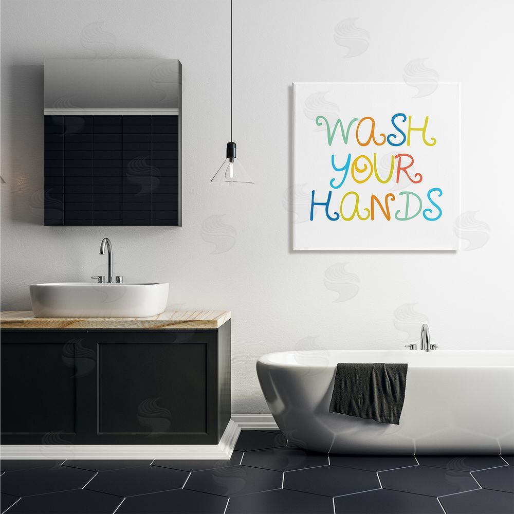 Stupell Studio Whimsical Kids Bathroom Phrase Wash Your Hands Rules Canvas Wall Art in Room