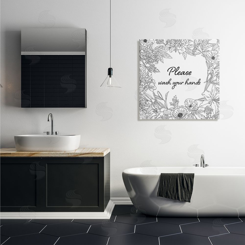 Ziwei Li Wash Your Hands Bathroom Sign Spring Floral Border Canvas Wall Art in Room